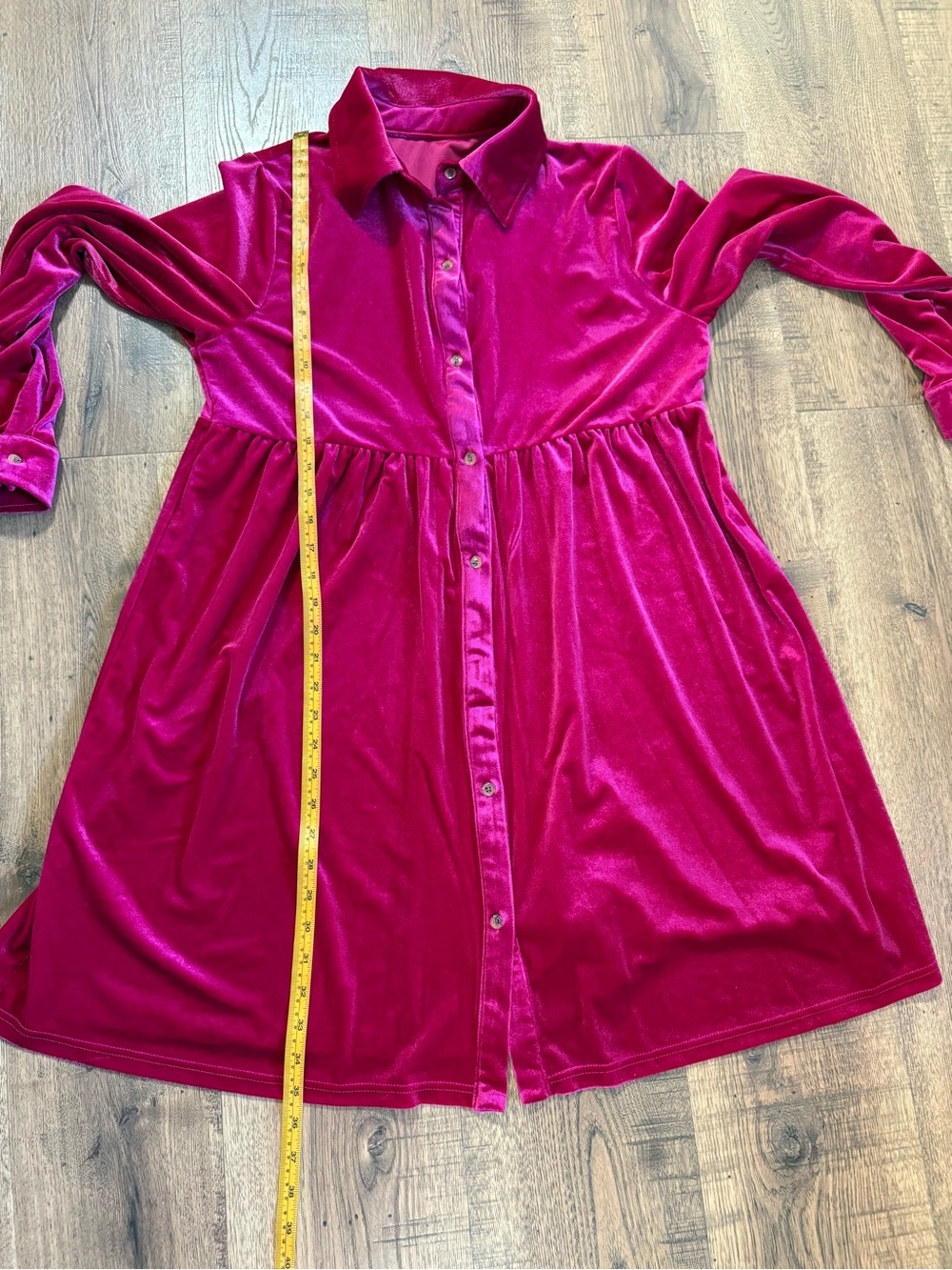 Pink Solid Velvet Shirt Dress L Collared Long Sleeve Button Front Stretch